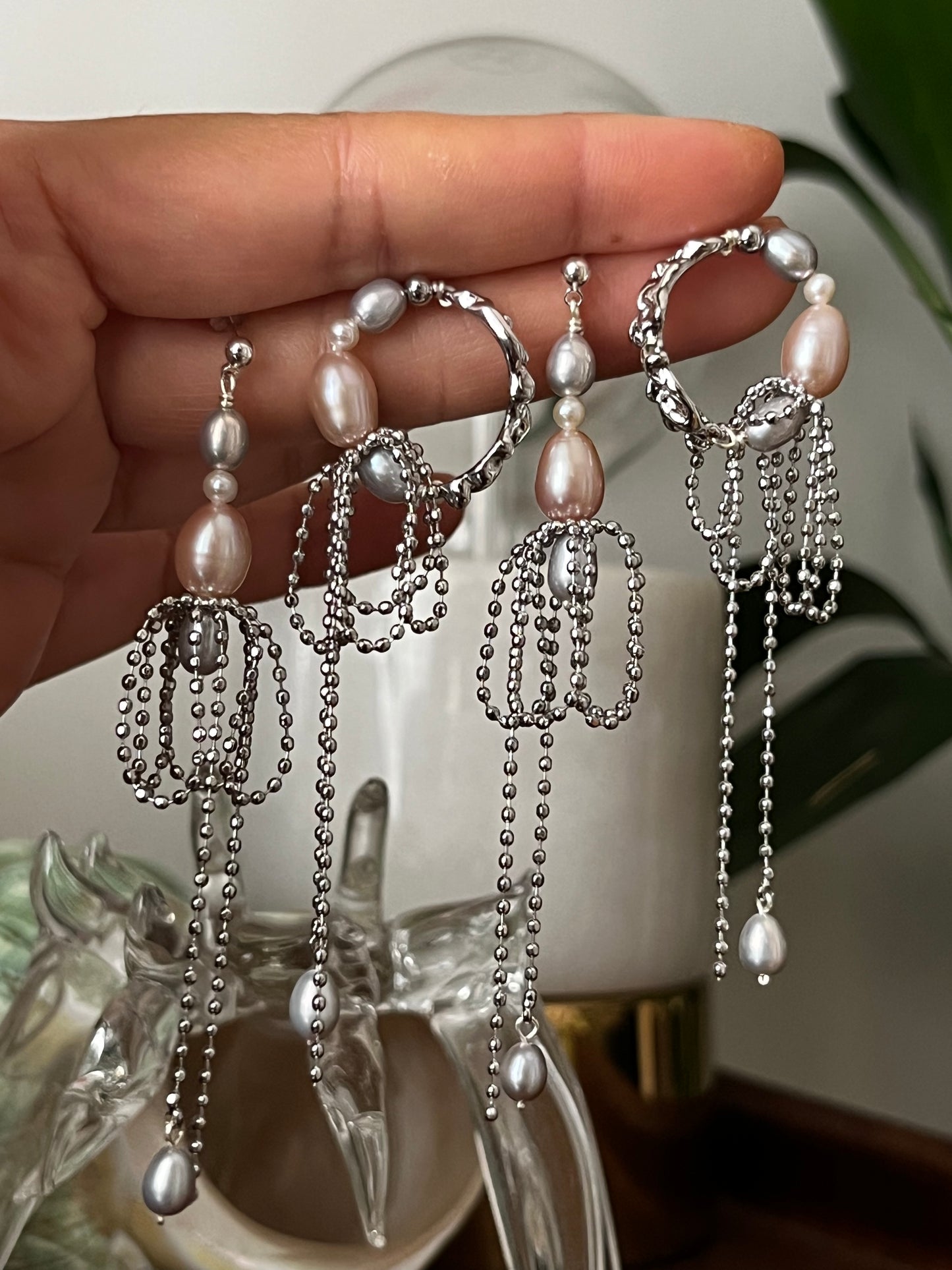 不對稱 孔雀色灰色淡水珍珠 耳環