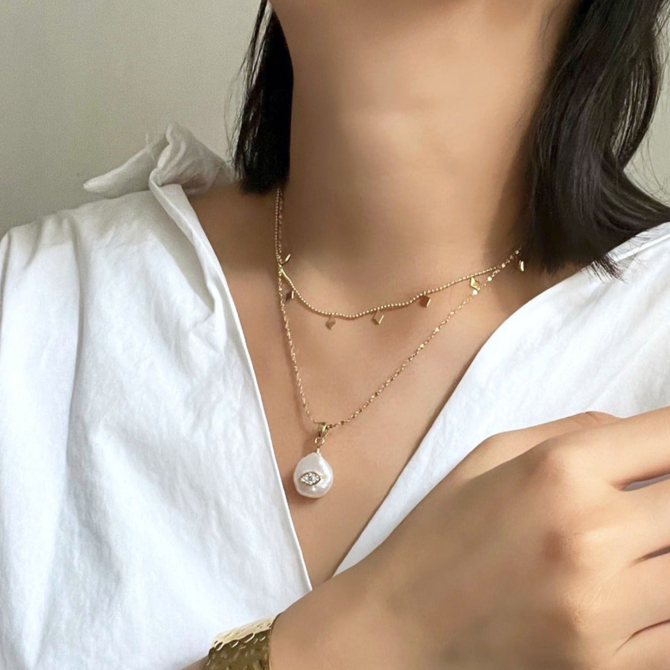 【デビルズアイ】【2in1ネックレス】淡水パールチタンネックレス N159