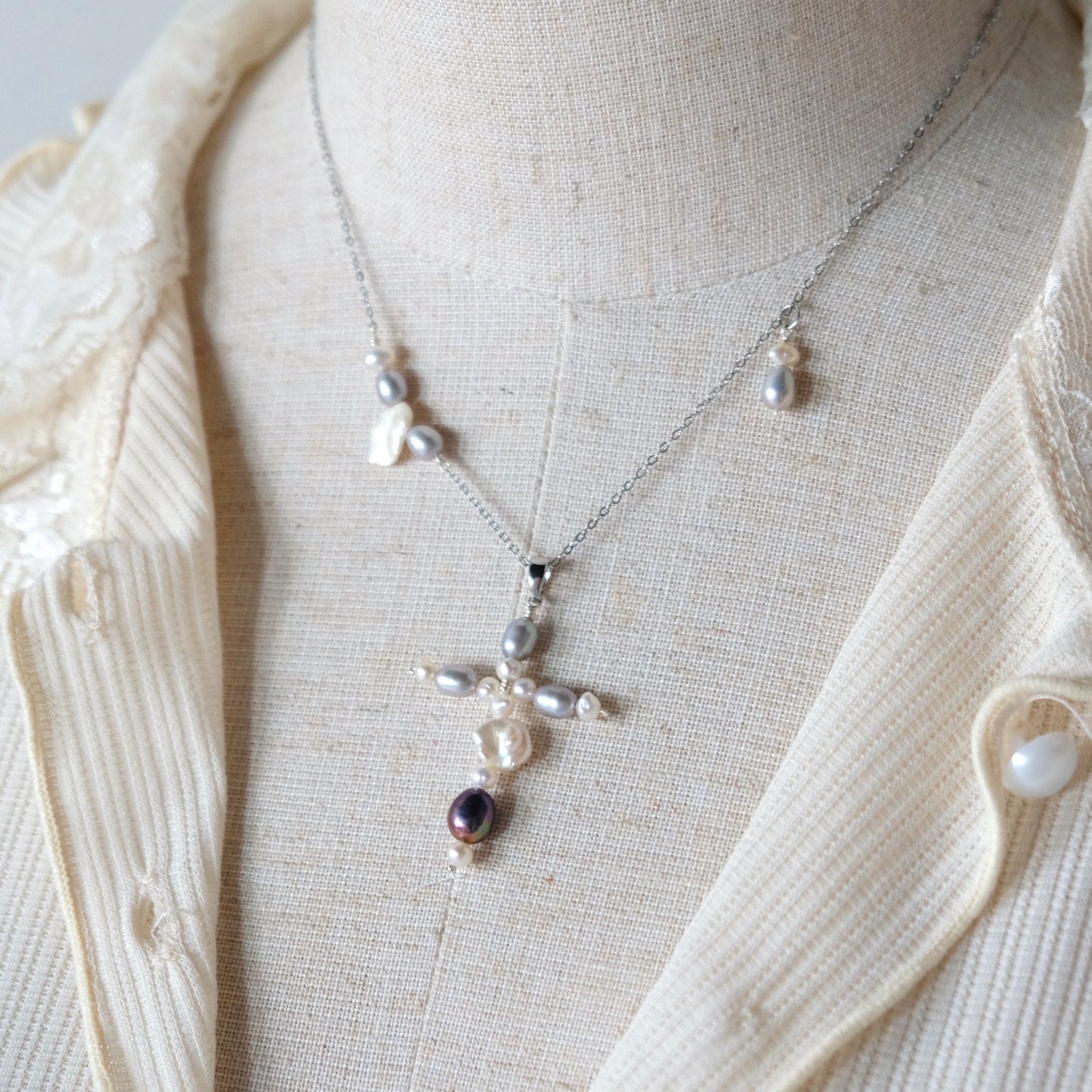 【デビルズアイ】【2in1ネックレス】淡水パールチタンネックレス N159