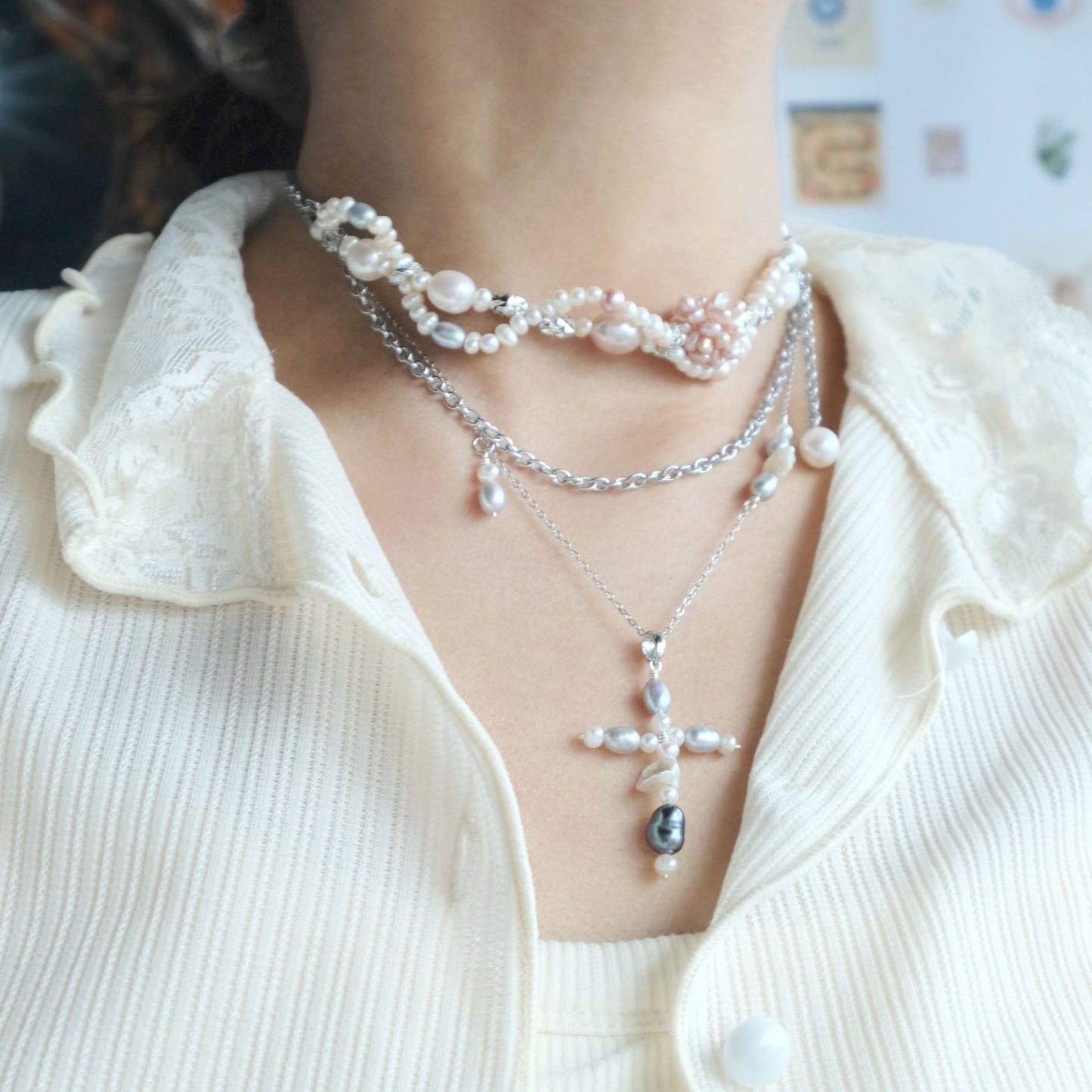 【デビルズアイ】【2in1ネックレス】淡水パールチタンネックレス N159