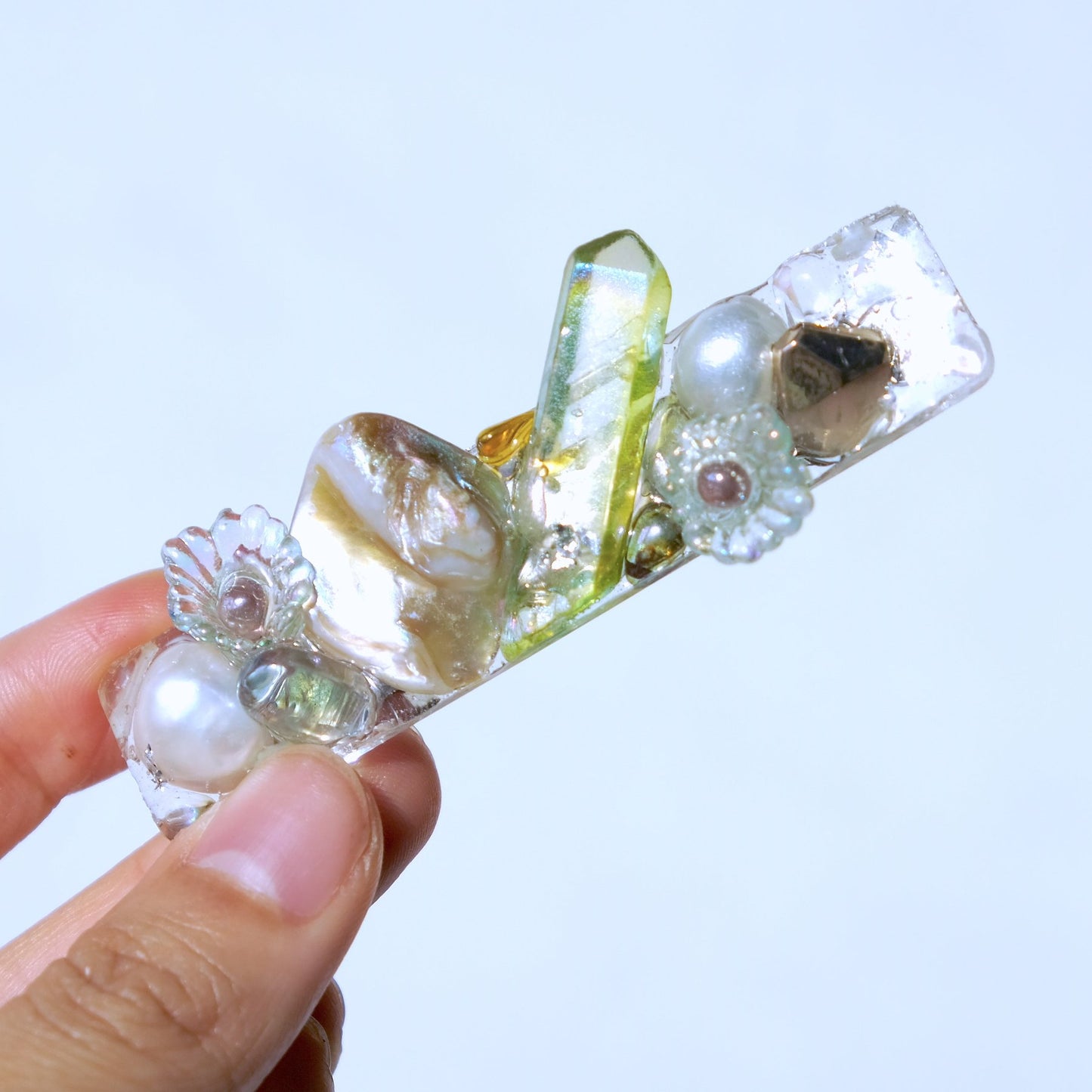 粉紅水晶柱 月亮 鈴蘭貝母 淡水珍珠髮夾 H127