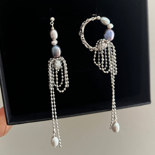 不對稱 孔雀色灰色淡水珍珠 耳環