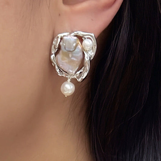 紫色淡水珍珠 巴洛克珍珠 耳環