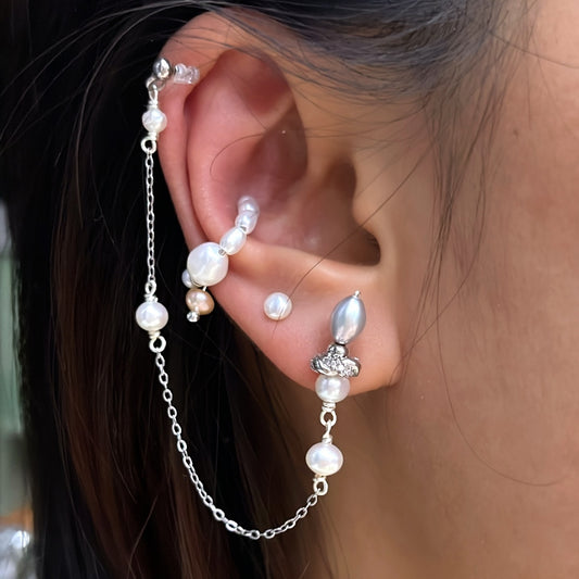 不對稱耳環 優質AA+級別淡水珍珠 925純銀耳針耳環 E367