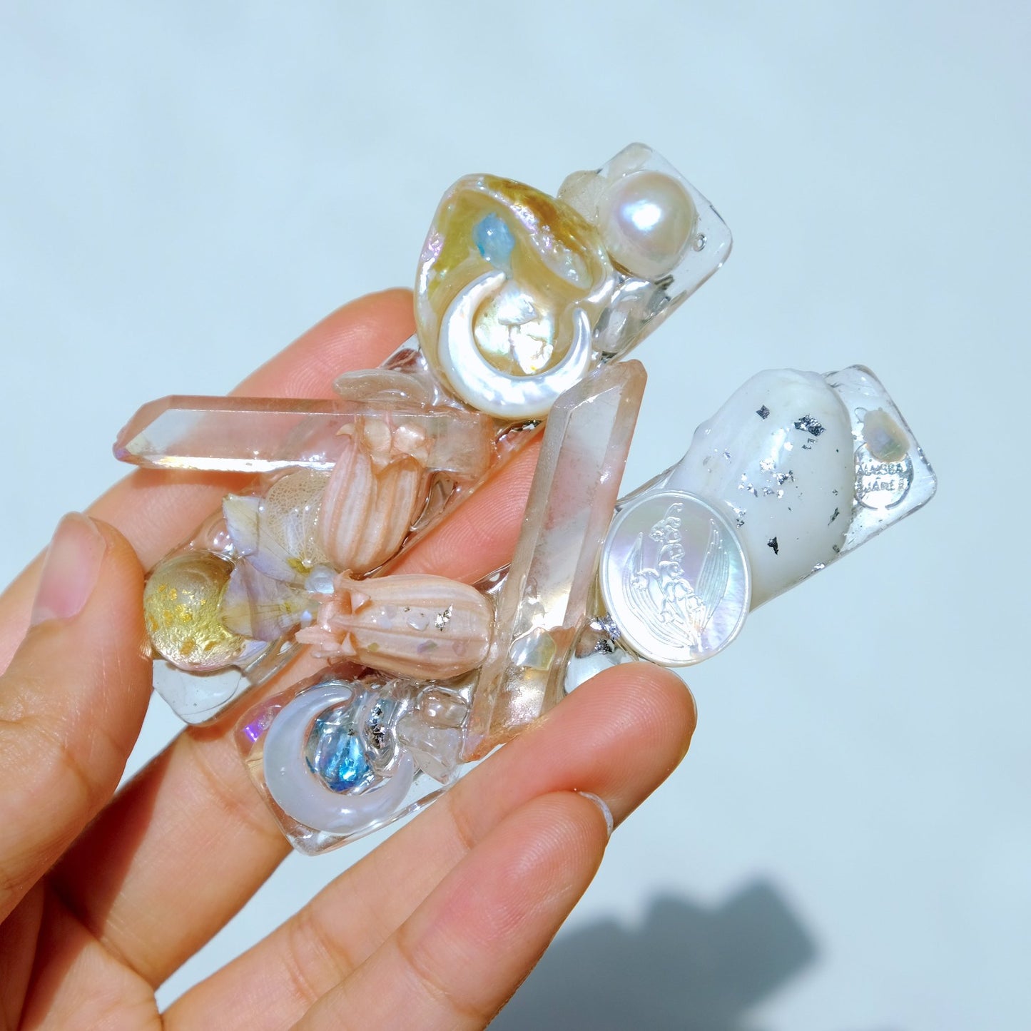 [ NEW ] 花と白のクリスタル ローズクォーツ淡水パール ヘアクリップ N124