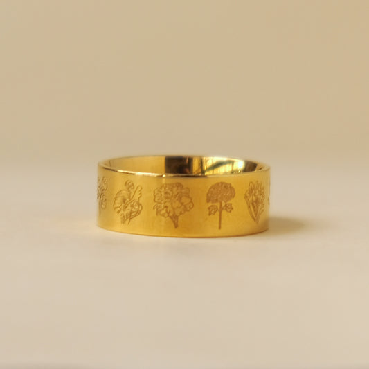 Twelve Flowers Gold Titanium Steel Ring R158