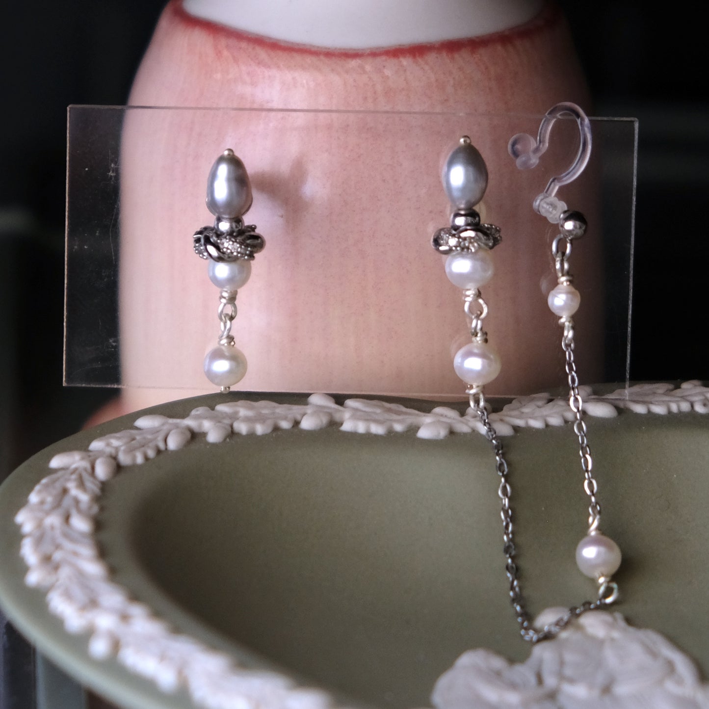 不對稱耳環 優質AA+級別淡水珍珠 925純銀耳針耳環 E367