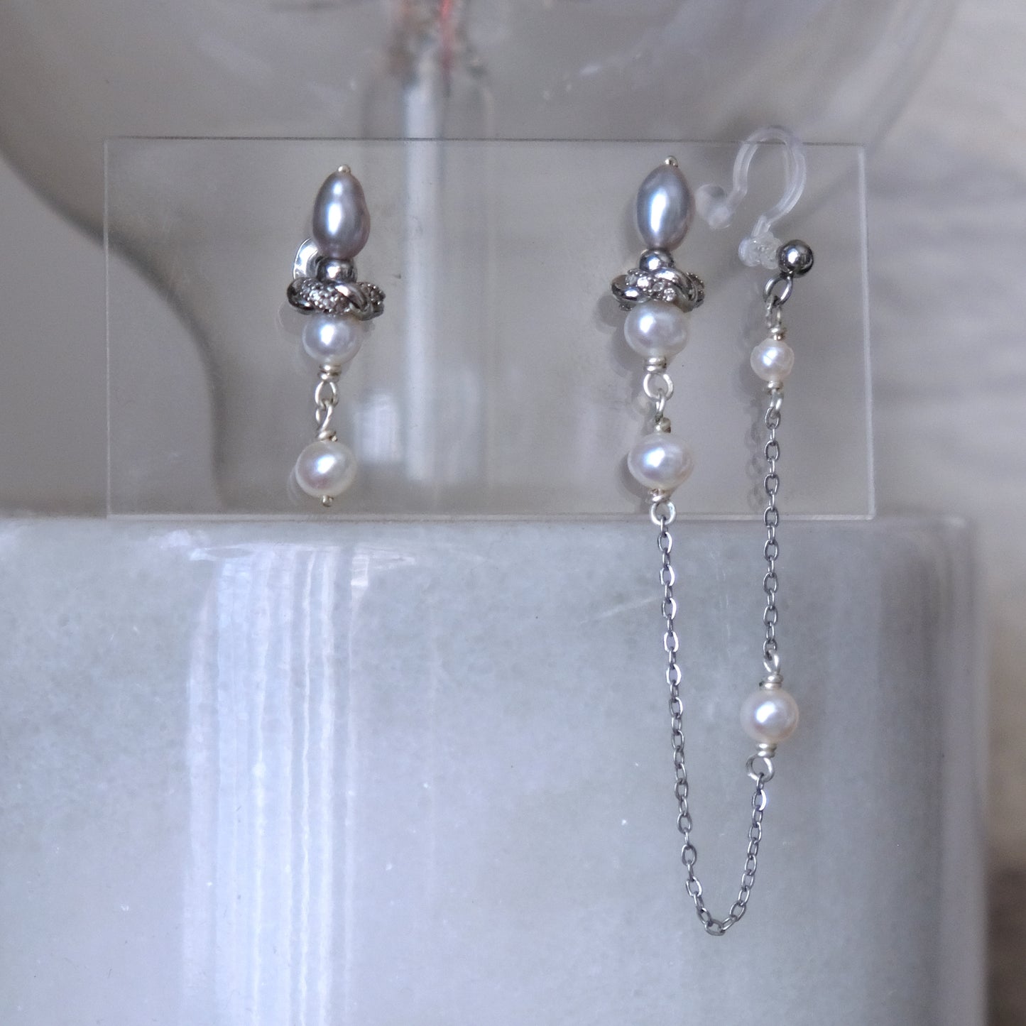 不對稱耳環 優質AA+級別淡水珍珠 925純銀耳針耳環 E367