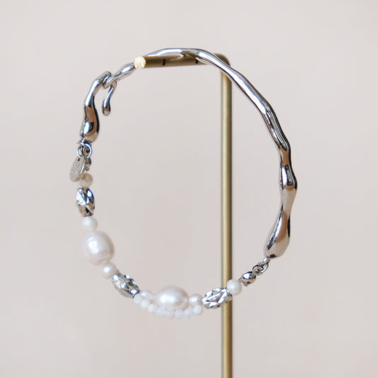 [Classic] Silver flowing LACE woven hand-strung freshwater pearl bracelet B123