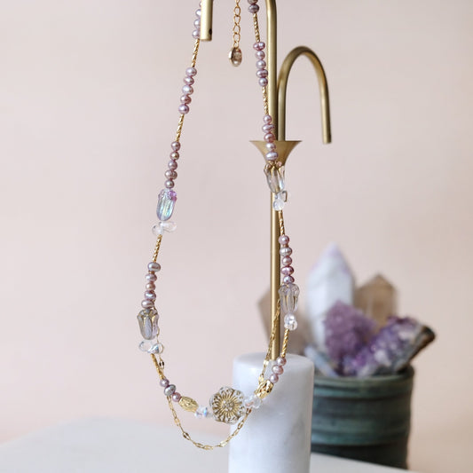 [ 復古風 ] 灰紫色淡水珍珠 鬱金香琉璃珠 頸鏈 CHOKER C130