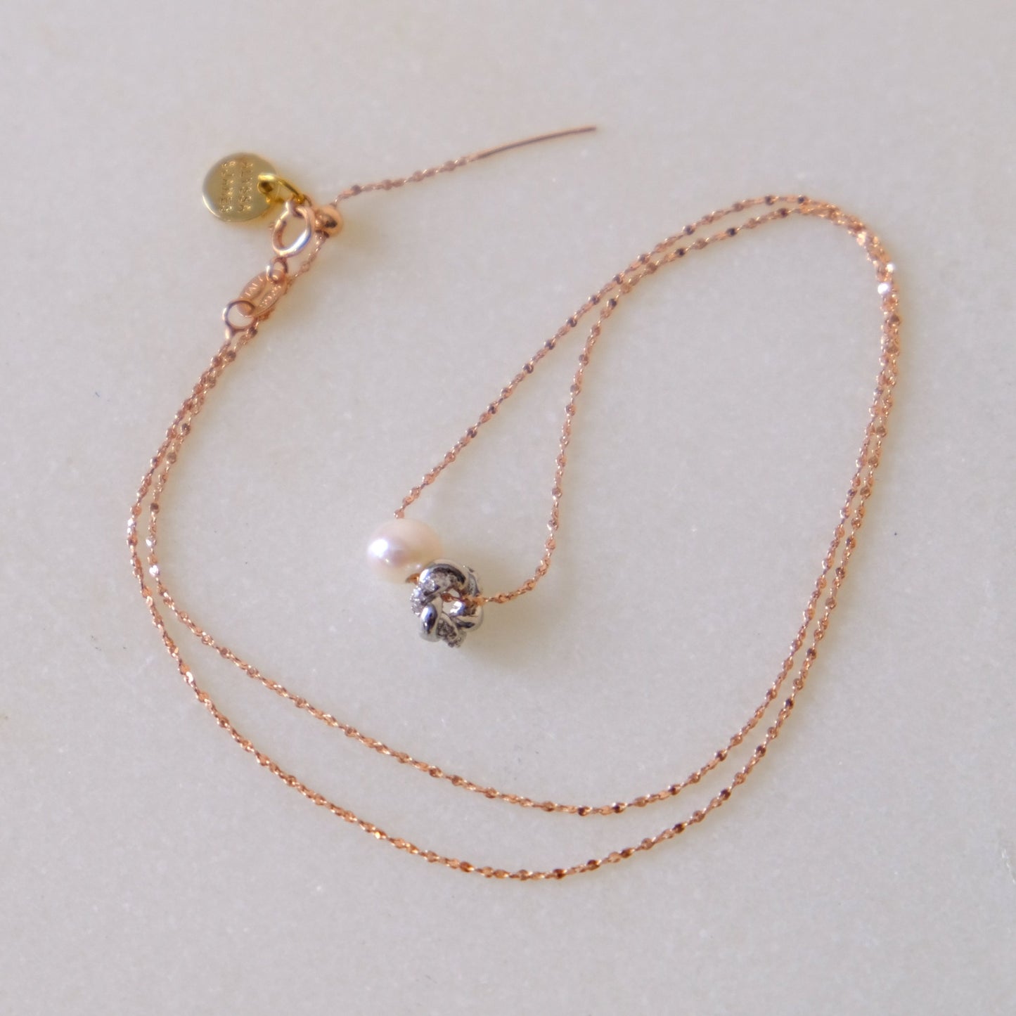[ Classic ] [ 玫瑰金 ] [ 小銀粒與珍珠 ] 可拆式閃爍 純銀頸鏈 N156