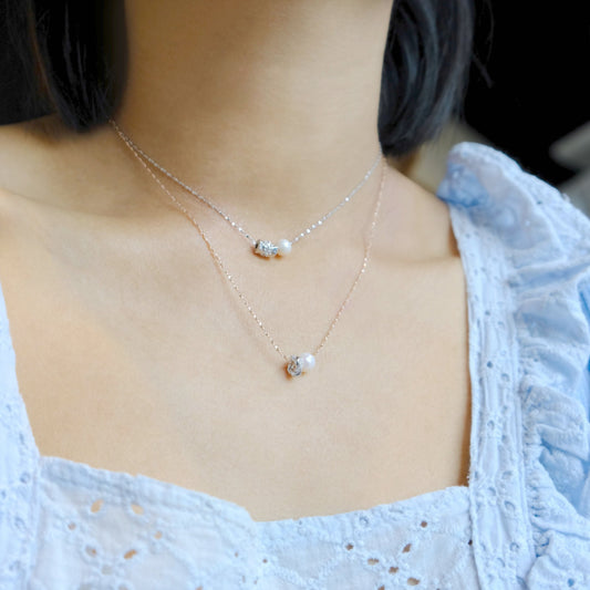 [ Classic ] [ Rose Gold ] [ Small Silver Particles and Pearls ] Detachable Flashing Sterling Silver Necklace N156