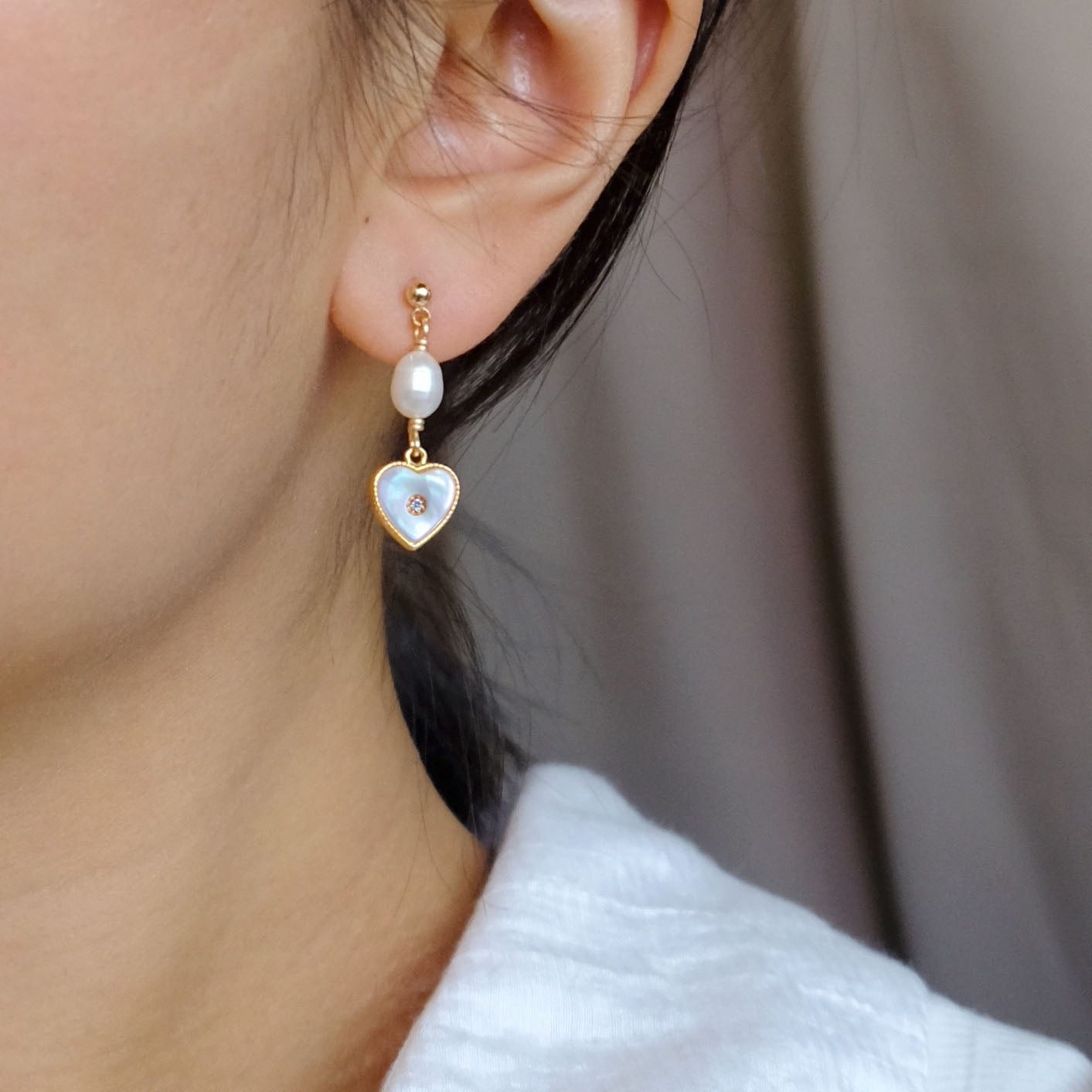 淡水珍珠 黑白心型貝母 耳環 E348