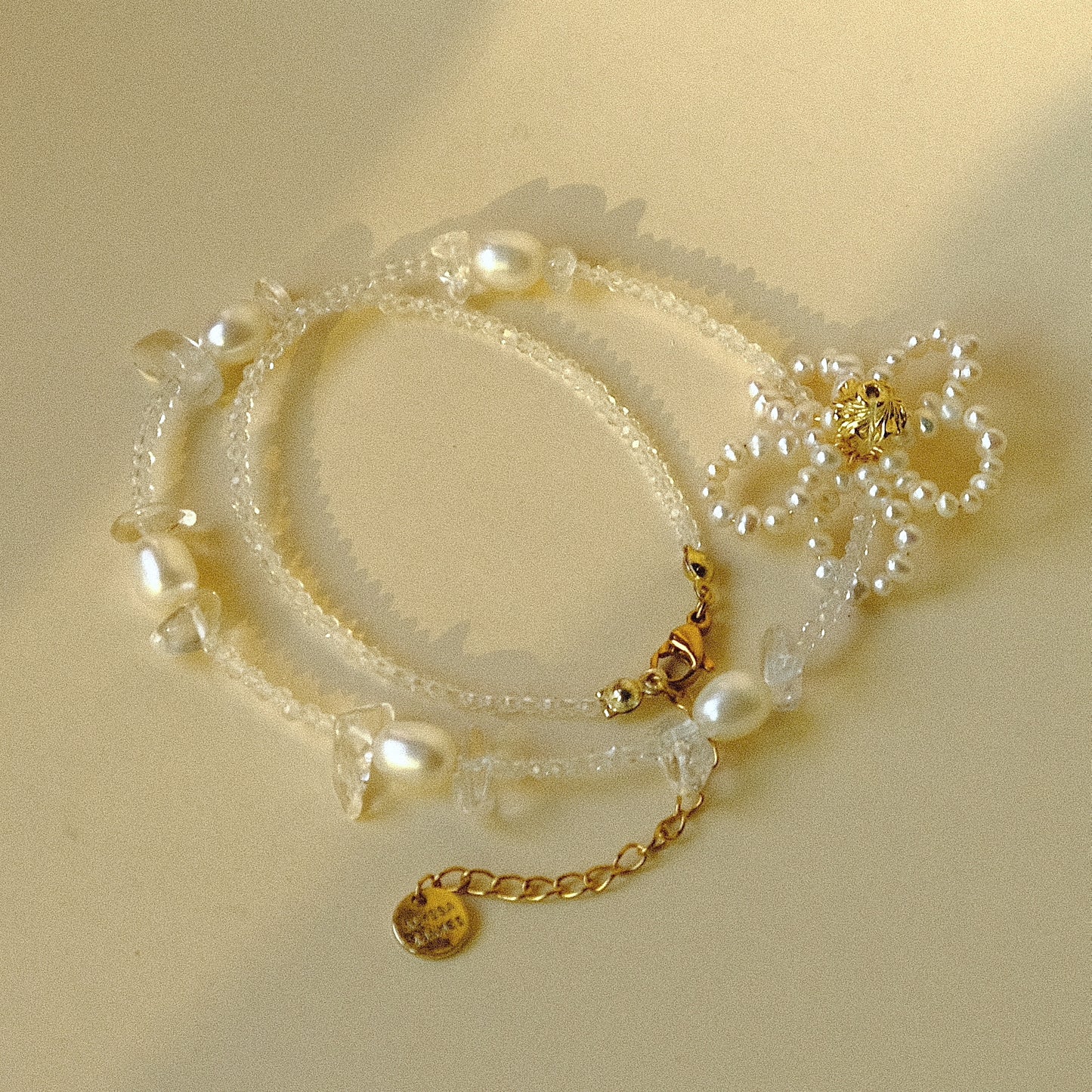 日系浪漫花花 淡水珍珠 白水晶 頸鏈 CHOKER C141