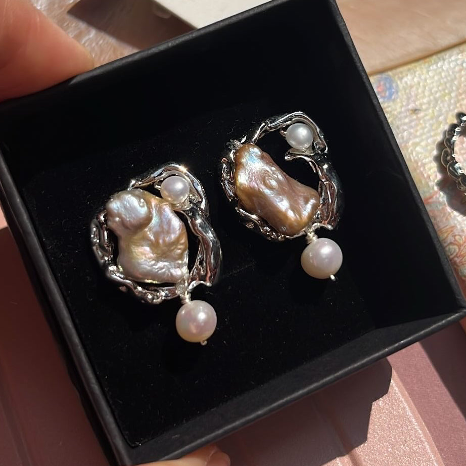 紫色淡水珍珠 巴洛克珍珠 耳環