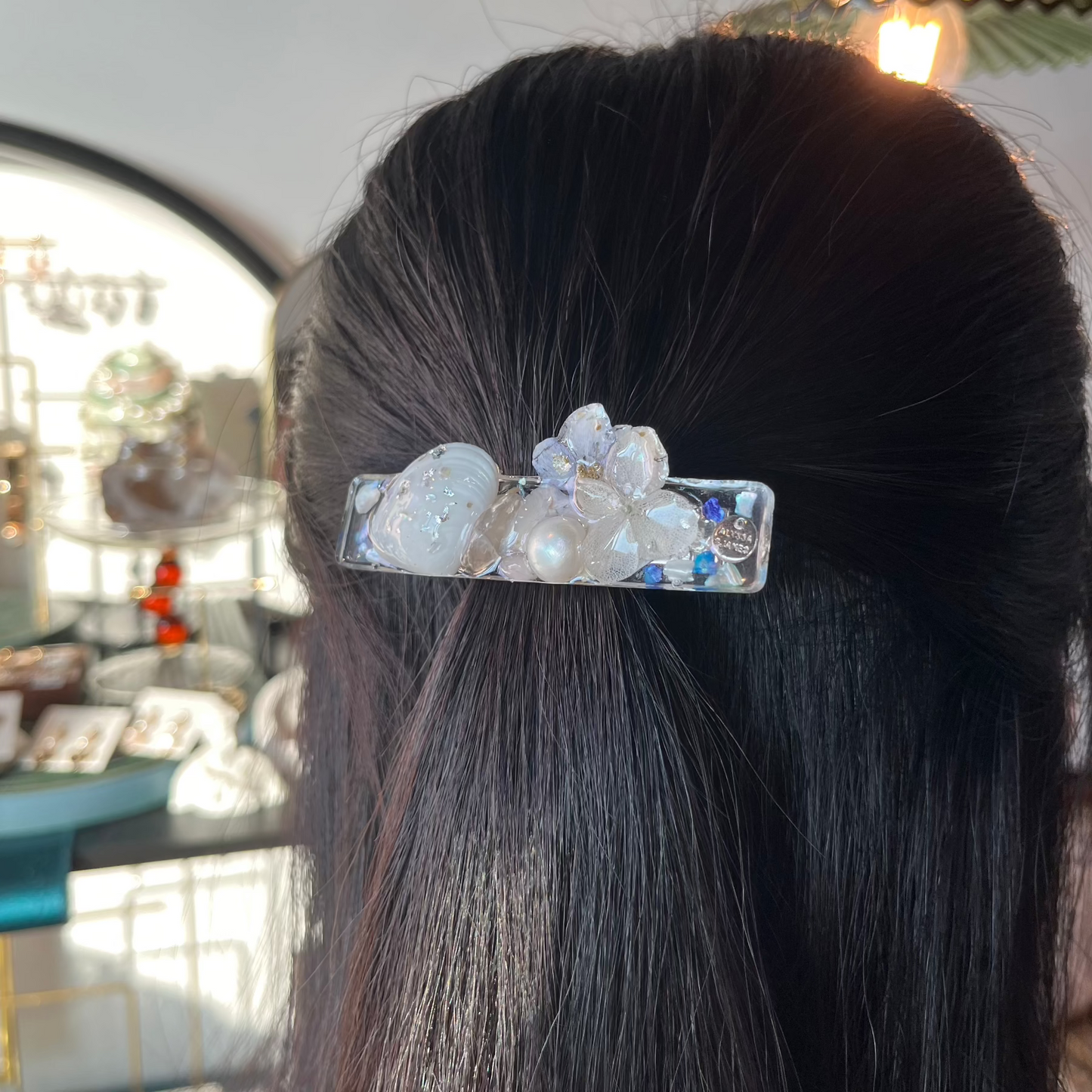 [ NEW ] 花と白のクリスタル ローズクォーツ淡水パール ヘアクリップ N124