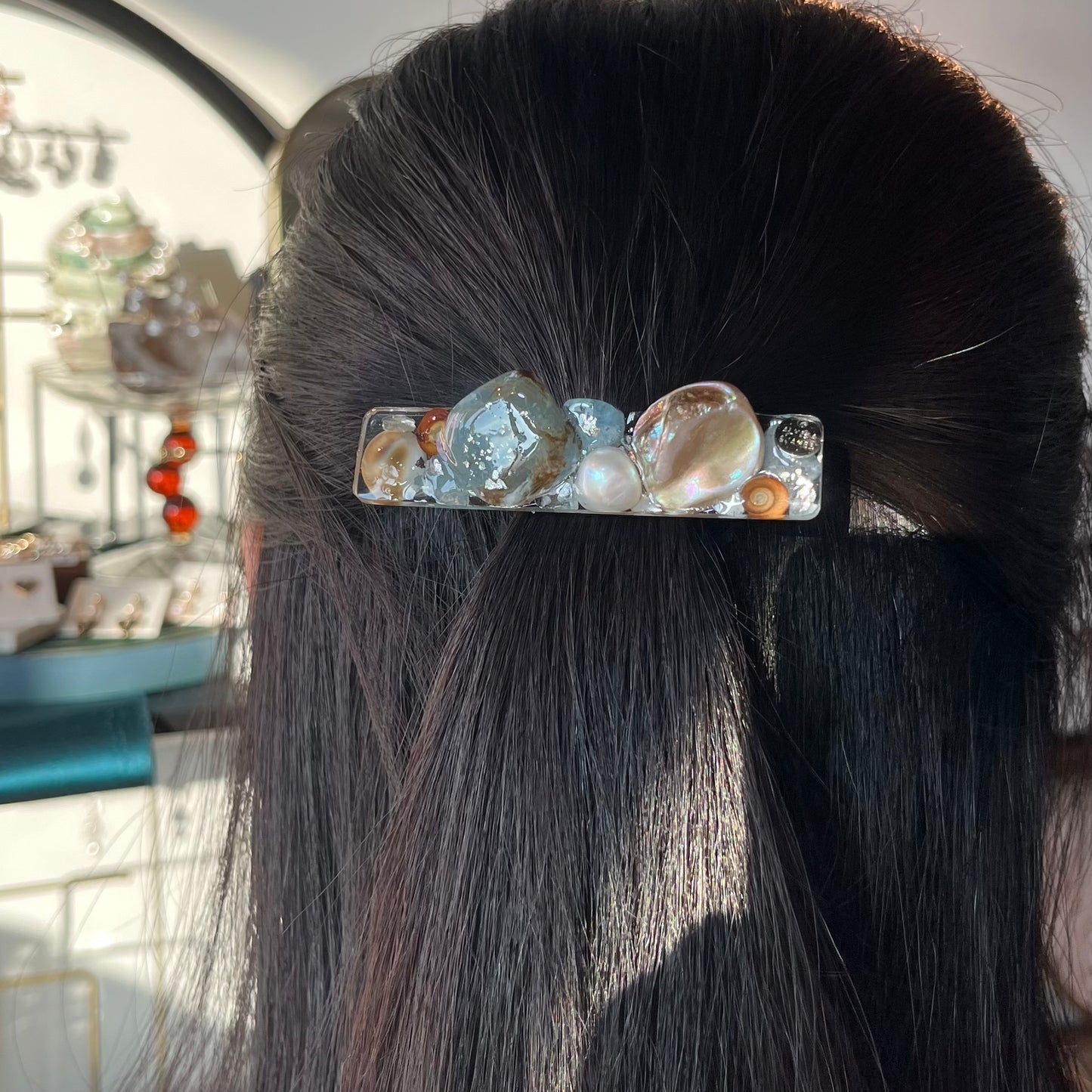 [ NEW ] 花と白のクリスタル ローズクォーツ淡水パール ヘアクリップ N124