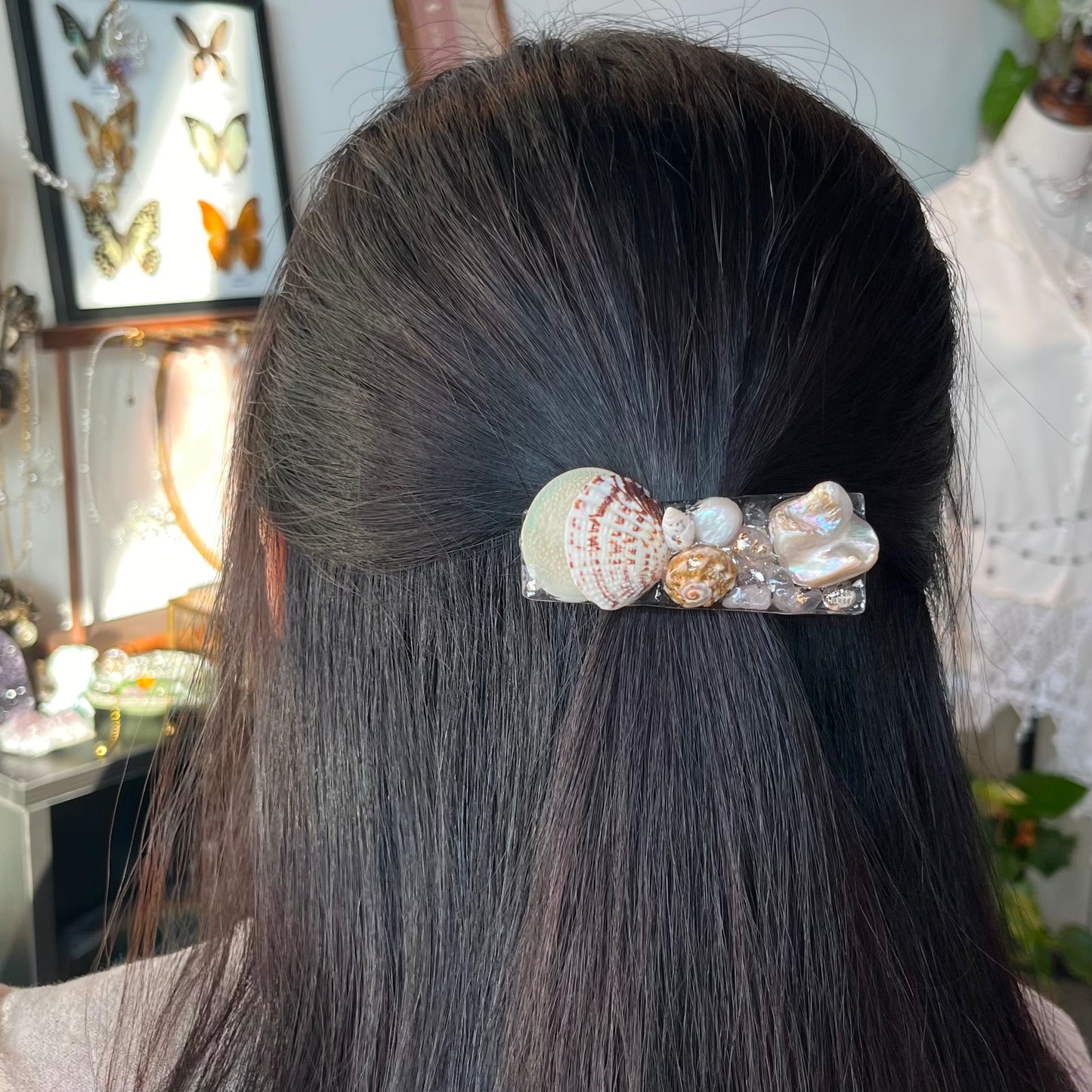 [ NEW ] 花と白のクリスタル ローズクォーツ淡水パール ヘアクリップ N124