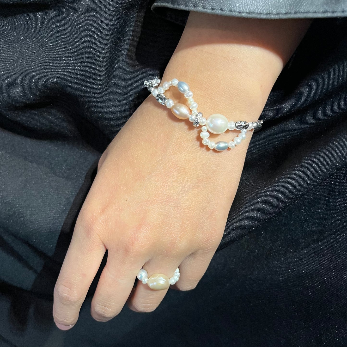 [ ONLY ONE ] 銀色流水 LACE編織手工穿珠 淡水珍珠 手鏈 B130