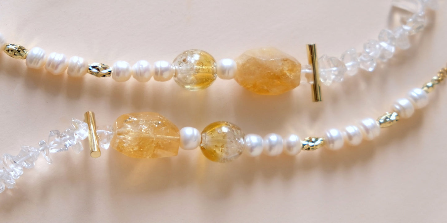 [ 旺財 ] 黃水晶 淡水珍珠 金色香薰精油琉璃珠手鏈  KB012