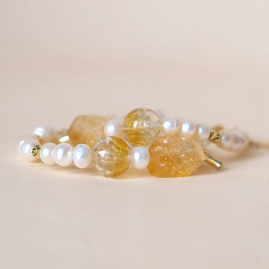 [Wongcai] Citrine Freshwater Pearl Gold Aromatherapy Essential Oil Glass Bead Bracelet KB012