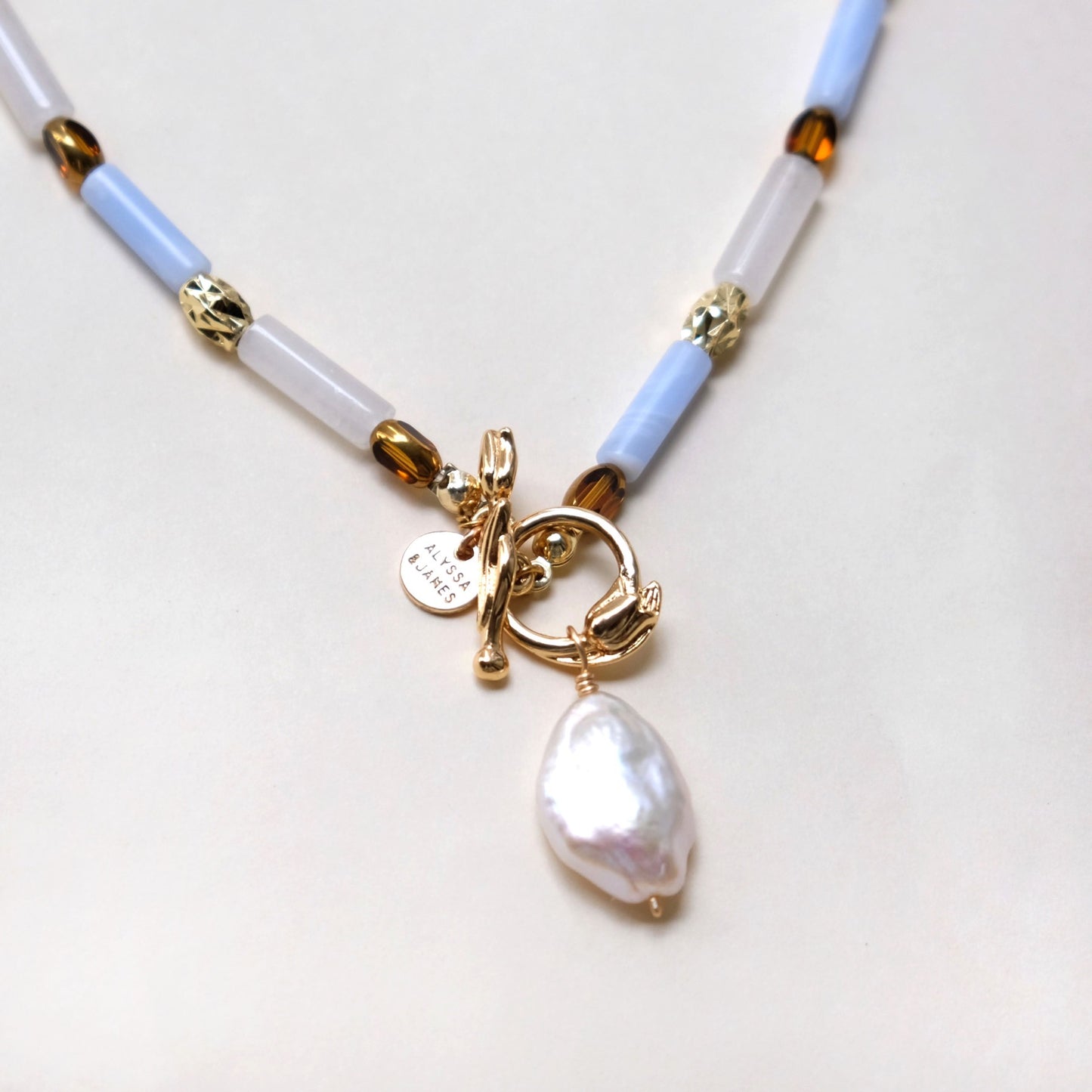 Tulip T Buckle Freshwater Pearl White Crystal Blue Agate Brown Glass Bead French Necklace CHOKER C121