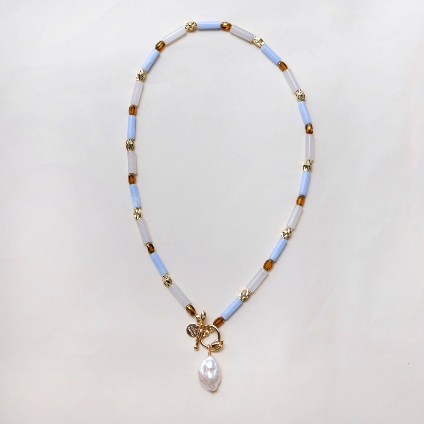 Tulip T Buckle Freshwater Pearl White Crystal Blue Agate Brown Glass Bead French Necklace CHOKER C121