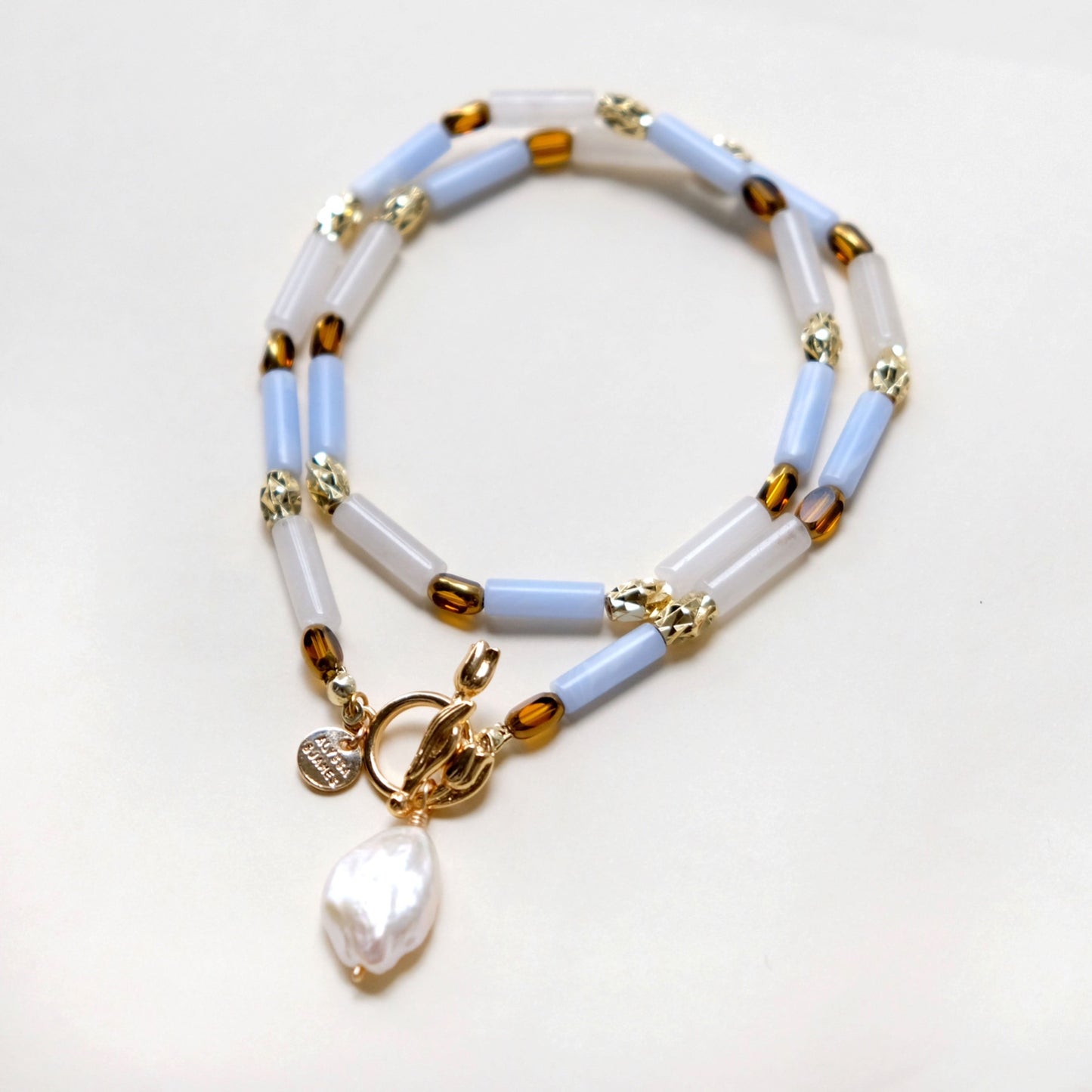 Tulip T Buckle Freshwater Pearl White Crystal Blue Agate Brown Glass Bead French Necklace CHOKER C121